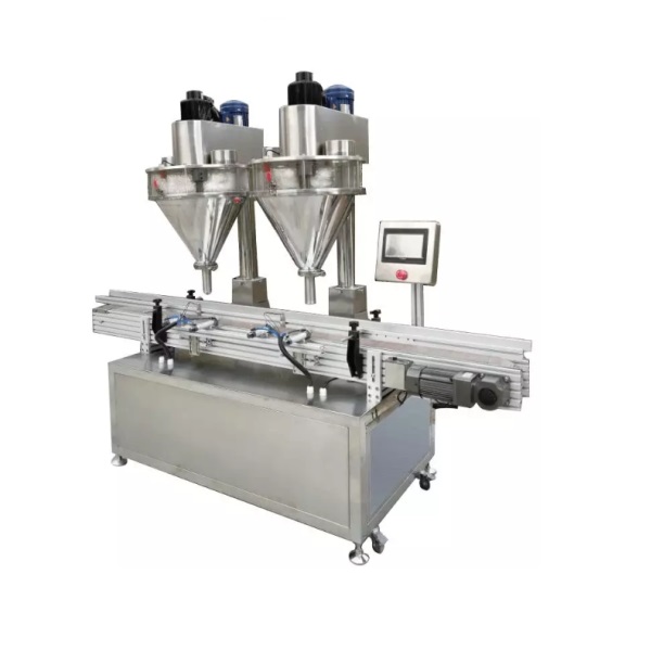 double heads powder filling machine with conveyor auger filler for spicy milk powder powder bottle filling machine -cnfoodpack.com
